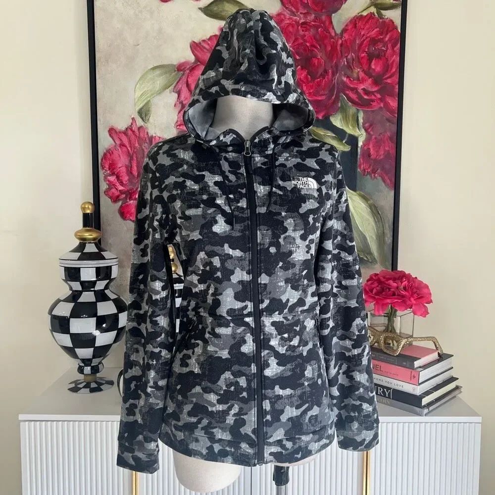 The North Face Camo Full Zip Long Sleeve Drawstring Hoodie Black Gray Small